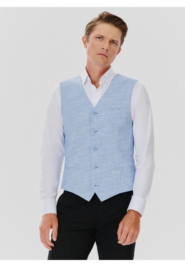 Pako Lorente - PAKO LORENTE – Jednorzędowa kamizelka męska w drobną kratę. Materiał: bawełna, poliester, elastan