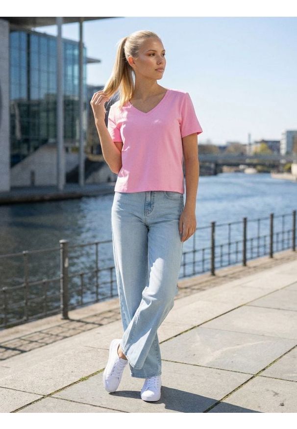 Sinsay - Bawełniana koszulka z gęstego splotu Interlock - begonia. Materiał: bawełna. Wzór: ze splotem