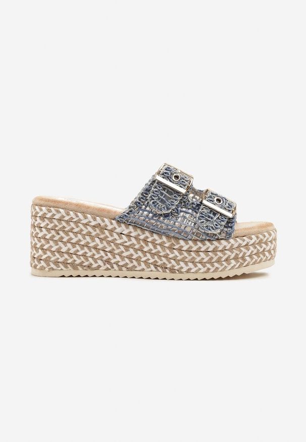 Born2be - Niebieskie Klapki na Plecionym Koturnie z Tweedową Cholewką Desawena. Okazja: na co dzień. Kolor: niebieski. Materiał: jeans. Sezon: lato. Obcas: na koturnie. Styl: elegancki, casual