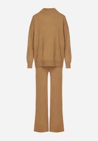 Born2be - Beżowy Klasyczny Dzianinowy Komplet z Wiskozą Szerokie Spodnie i Sweter Półgolf Reillena. Kolor: beżowy. Materiał: dzianina, wiskoza #5