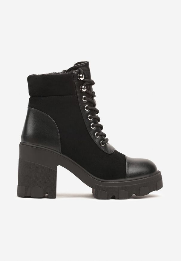 Renee - Czarne Botki na Obcasie z Platformą Ozdobione Wstawkami Ezilda. Okazja: na co dzień. Kolor: czarny. Materiał: jeans. Wzór: aplikacja. Obcas: na obcasie. Styl: elegancki, rockowy, casual. Wysokość obcasa: średni