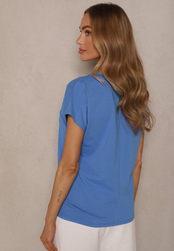Renee - Niebieski T-shirt z Bawełny z Dekoltem w Serek Linithiela. Okazja: na co dzień. Typ kołnierza: dekolt w serek. Kolor: niebieski. Materiał: bawełna. Styl: casual
