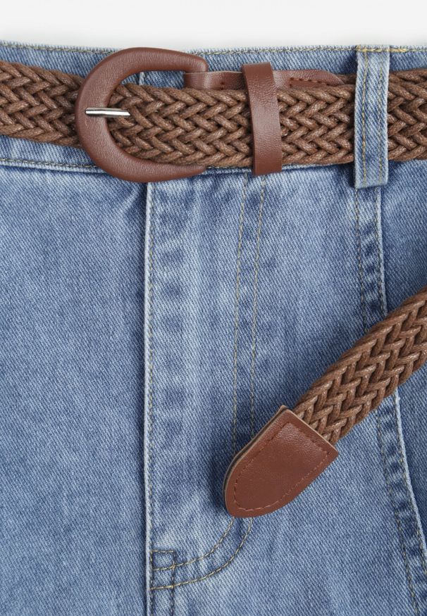 Born2be - Niebieska Bawełniana Spódnica Jeansowa z Rozkloszowanym Dołem i Plecionym Paskiem Doriame. Okazja: do pracy, na co dzień. Kolor: niebieski. Materiał: bawełna, jeans. Wzór: aplikacja. Styl: casual