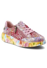 Sneakersy damskie Laura Vita, podwyższona podeszwa z wielokolorowym wzorem na obwodzie oraz perforowane panele na cholewce, różowe, 57 SL26803-57B. Okazja: na co dzień, na spacer, do pracy. Zapięcie: zamek. Kolor: różowy. Szerokość cholewki: normalna. Wzór: kolorowy, aplikacja, kwiaty. Sezon: lato, wiosna. Styl: elegancki, casual #1