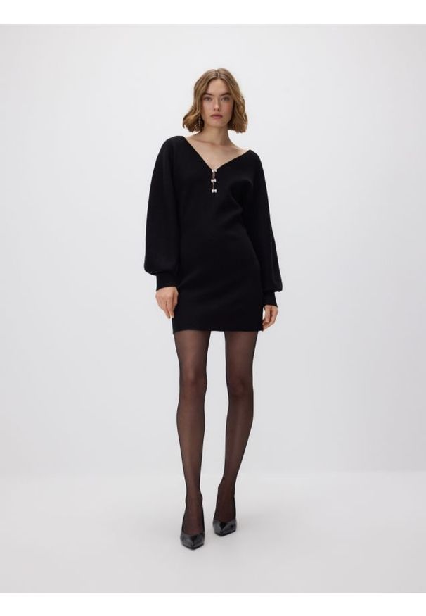 Reserved - Dzianinowa sukienka mini - czarny. Kolor: czarny. Materiał: dzianina. Długość: mini