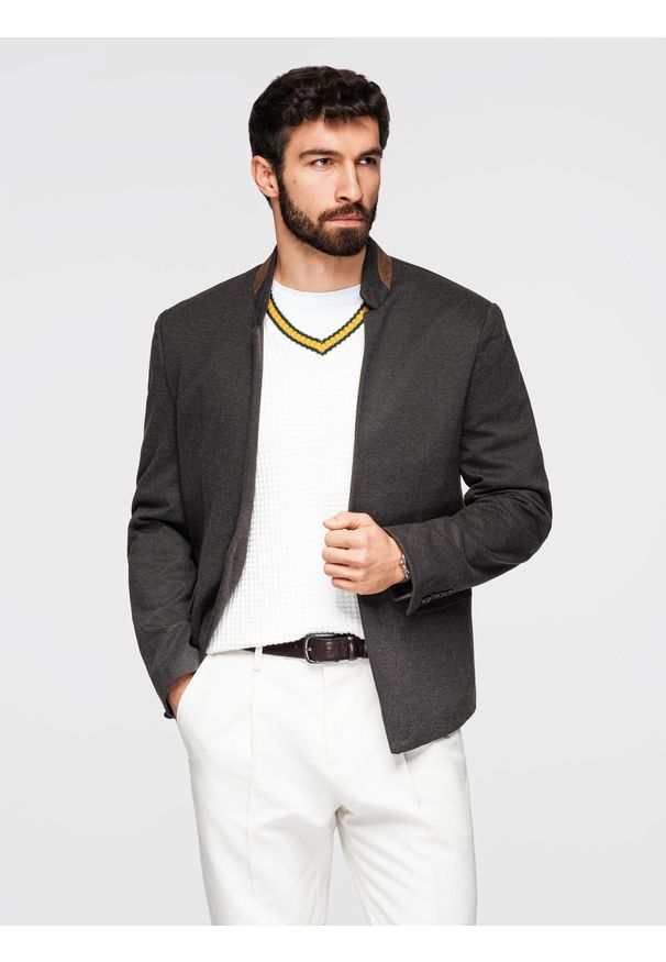 Ombre Clothing - Melanżowa marynarka męska z dodatkiem rayonu ze stójką – czarny melanż V5. Okazja: na co dzień. Typ kołnierza: kołnierzyk stójkowy. Kolor: czarny. Materiał: materiał, zamsz, tkanina, skóra, poliester. Wzór: melanż. Styl: klasyczny, casual