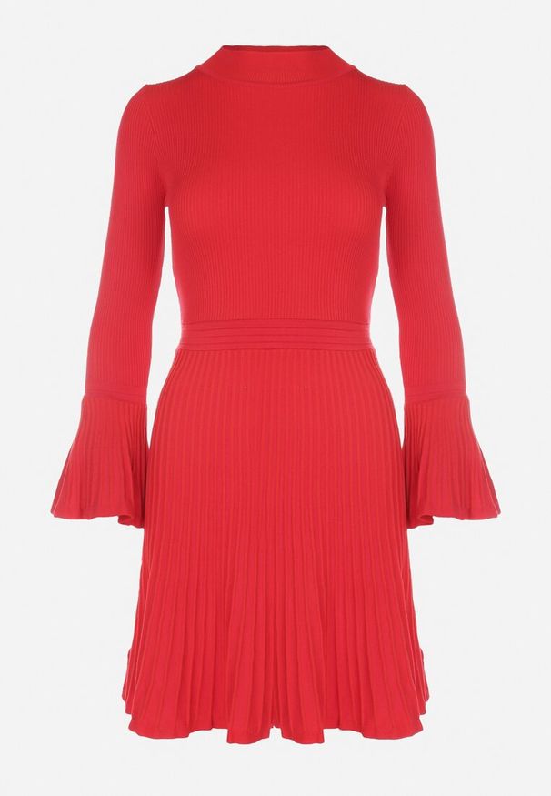 Born2be - Czerwona Sukienka Taliowana z Falbankami Marius. Typ kołnierza: kołnierz z falbankami. Kolor: czerwony. Materiał: dzianina, prążkowany. Wzór: jednolity, gładki. Długość: mini