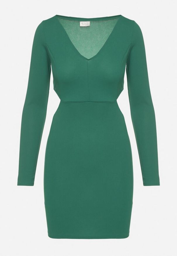Born2be - Zielona Sukienka o Dopasowanym Kroju z Wycięciami w Talii Halassia. Okazja: na randkę, na co dzień. Typ kołnierza: dekolt w serek. Kolor: zielony. Długość rękawa: długi rękaw. Typ sukienki: proste, dopasowane. Styl: elegancki, casual