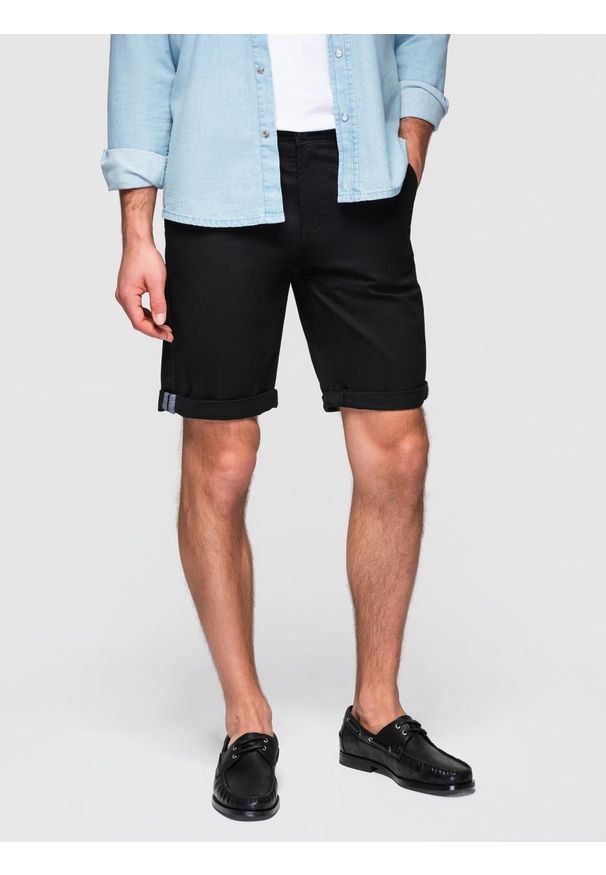 Ombre Clothing - Klasyczne męskie szorty chino z podwiniętą nogawką - czarne V9 - Rozmiar: L. Kolor: czarny. Materiał: bawełna, elastan. Sezon: lato. Styl: klasyczny