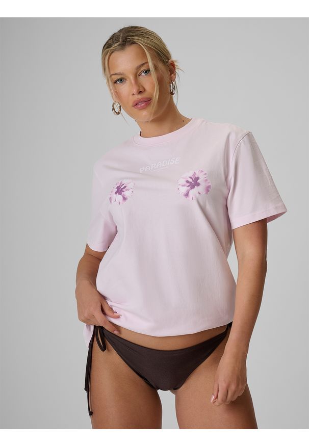4f - 4F T-shirt loose z nadrukiem damski - różowy L. Okazja: na co dzień, na plażę. Kolor: różowy. Materiał: materiał, bawełna, dzianina. Wzór: nadruk. Sezon: lato. Styl: wakacyjny, casual, klasyczny, sportowy