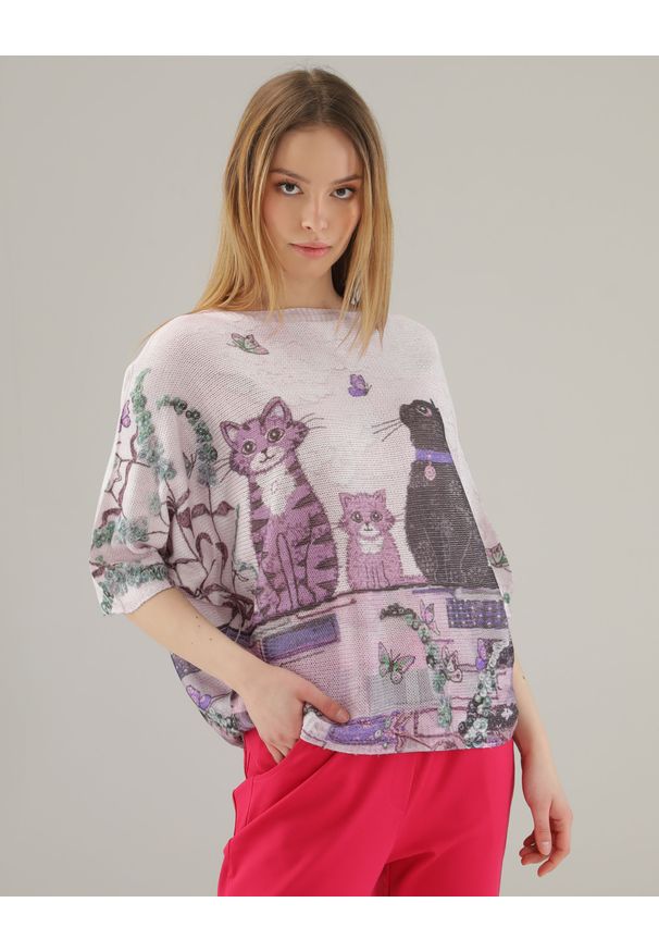Unisono - CIENKI SWETER Z NADRUKIEM 225-9083-O LILA. Materiał: wiskoza, poliester. Wzór: nadruk