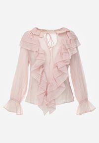 Renee - Różowa Bluzka z Lyocellem w Stylu Boho z Wiązaniem pod Szyją i Falbanami Tasimi. Okazja: na co dzień. Kolor: różowy. Materiał: jeans. Styl: boho #5