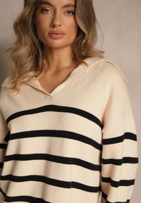 Renee - Czarno-Beżowy Sweter w Paski z Dekoltem w Serek z Kołnierzykiem Ralinavia. Okazja: na co dzień. Typ kołnierza: dekolt w serek. Kolor: czarny. Materiał: jeans. Długość rękawa: długi rękaw. Długość: długie. Wzór: paski. Styl: casual, klasyczny #5