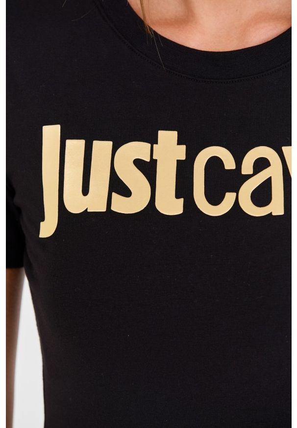 Just Cavalli - JUST CAVALLI Czarny damski t-shirt Logo Gold, Rozmiar S. Kolor: czarny