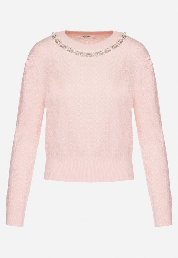 Born2be - Różowy Sweter Ozdobiony Perłami ze Ściągaczem Miannae. Okazja: na co dzień, na imprezę. Kolor: różowy. Materiał: jeans. Wzór: aplikacja. Styl: elegancki, casual