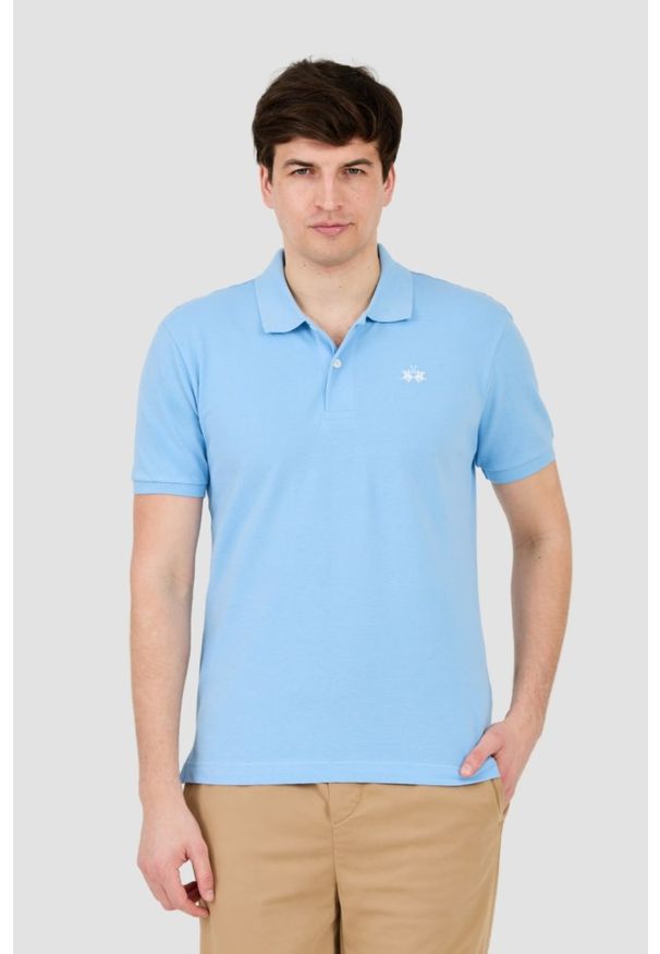 La Martina - LA MARTINA Błękitne męskie polo z małym logo, Rozmiar XL. Typ kołnierza: polo. Kolor: niebieski