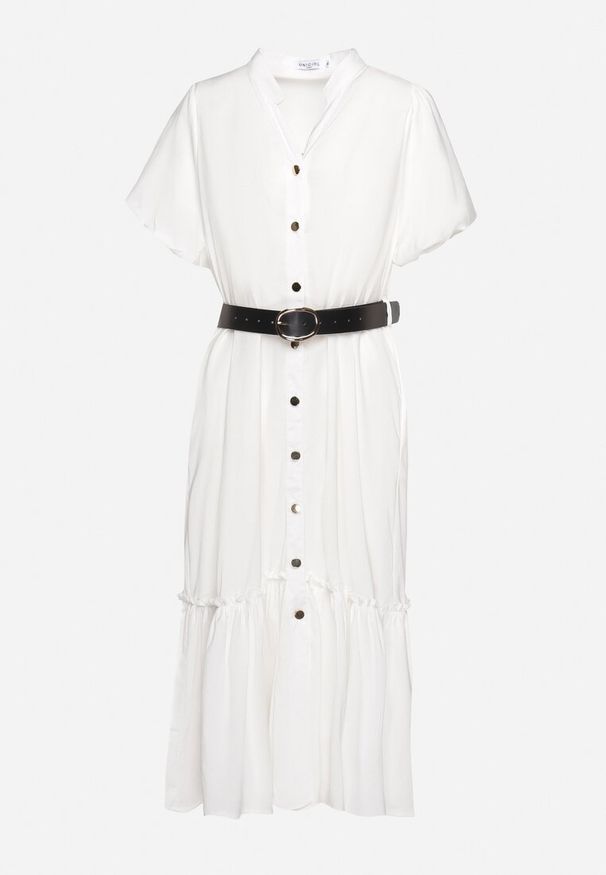 Born2be - Biała Koszulowa Sukienka z Krótkim Rękawem Zapinana na Guziki z Paskiem z Ekoskóry Xantantia. Typ kołnierza: dekolt w kształcie V. Kolor: biały. Długość rękawa: krótki rękaw. Wzór: aplikacja. Typ sukienki: koszulowe