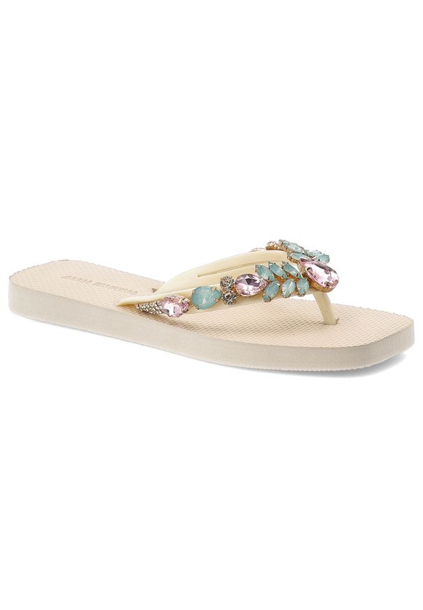 Klapki damskie Alma En Pena, cholewka z materiału syntetycznego pasek między palcami konstrukcja komfortowy styl letni i plażowy, białe, V269002. Okazja: na plażę. Kolor: biały. Materiał: materiał, syntetyk. Wzór: kolorowy, aplikacja. Sezon: lato. Styl: elegancki, casual, klasyczny