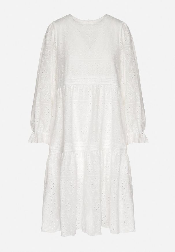 Born2be - Biała Ażurowa Rozkloszowana Sukienka z Bawełny Edilavia. Okazja: na imprezę, do pracy, na co dzień. Kolor: biały. Materiał: bawełna. Wzór: ażurowy. Sezon: lato. Styl: elegancki, casual