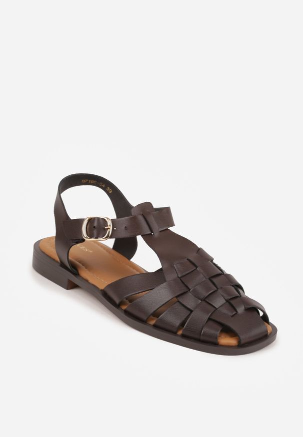 Renee - Ciemnobrązowe Sandały VICES z Przeplatanymi Paseczkami i Klamerką Metiphia. Okazja: na co dzień. Zapięcie: pasek. Kolor: brązowy. Wzór: nadruk. Sezon: lato. Styl: elegancki, casual