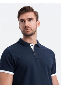 Ombre Clothing - Bawełniana męska koszulka polo z kontrastowymi wykończeniami – granatowa V4 - Rozmiar: M. Typ kołnierza: polo. Kolor: niebieski. Materiał: bawełna. Wzór: haft #4