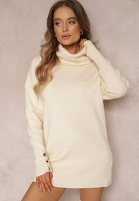 Renee - Jasnobeżowy Golf Dzianinowy z Długim Rękawem i Guzikami Sel. Typ kołnierza: golf. Kolor: beżowy. Materiał: dzianina. Długość rękawa: długi rękaw. Długość: długie. Wzór: aplikacja #3
