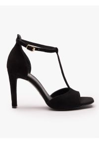 Ryłko - Czarne sandały na wysokim obcasie. Okazja: na imprezę. Nosek buta: okrągły. Zapięcie: sprzączka. Kolor: czarny. Materiał: skóra, welur. Obcas: na obcasie. Styl: street, elegancki. Wysokość obcasa: wysoki #1
