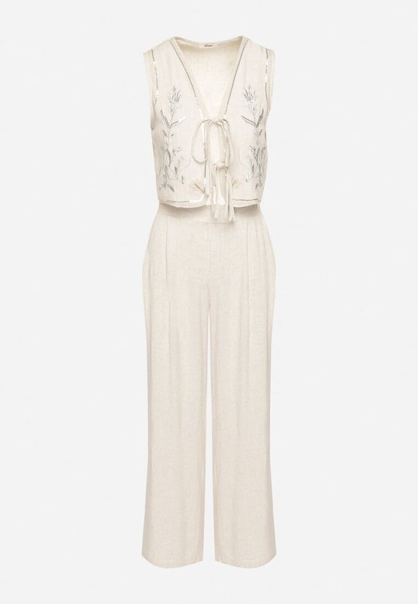 Born2be - Beżowy Komplet z Lnu i Wiskozy Szerokie Spodnie i Haftowana Kamizelka Ralissea. Kolor: beżowy. Materiał: len, wiskoza. Wzór: haft