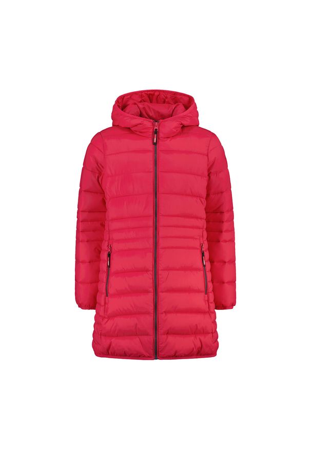 Kurtka z kapturem dla dziewczynki CMP. Typ kołnierza: kaptur. Kolor: czerwony. Materiał: puch. Sport: turystyka piesza