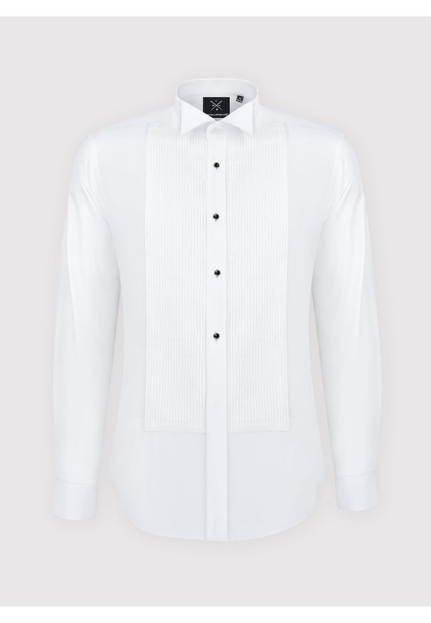 Pako Lorente - PAKO LORENTE – Biała smokingowa koszula męska. Typ kołnierza: łamany. Kolor: biały. Materiał: bawełna. Długość rękawa: długi rękaw. Długość: długie
