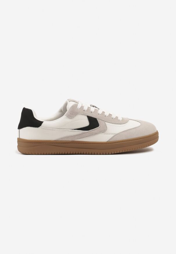 Born2be - Beżowe Skórzane Sneakersy Tenisówki z Geometrycznym Wzorem Mirathe. Okazja: na co dzień, do pracy. Zapięcie: sznurówki. Kolor: beżowy. Materiał: skóra. Wzór: geometria