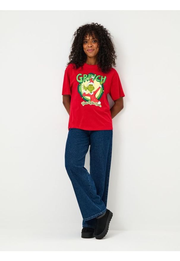 Sinsay - Bawełniana koszulka z nadrukiem Grinch - czerwony. Kolor: czerwony. Materiał: bawełna. Wzór: nadruk