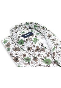 Mmer / Villaro - Koszule męskie - Biała koszula Mmer we wzór - zielone i brązowe kwiaty G165. Kolor: biały, zielony, brązowy, wielokolorowy. Materiał: bawełna, poliester, tkanina. Długość: długie. Wzór: kwiaty. Styl: klasyczny #1