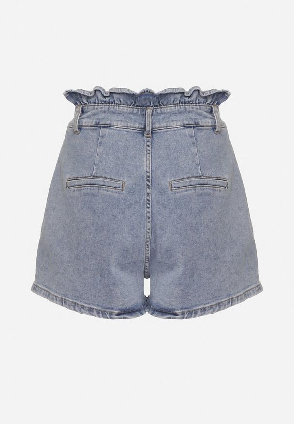 Born2be - Niebieskie Bawełniane Jeansowe Szorty z Wysokim Stanem i Ozdobnymi Przeszyciami Lerceria. Okazja: na imprezę. Stan: podwyższony. Kolor: niebieski. Materiał: jeans, bawełna. Sezon: lato. Styl: elegancki