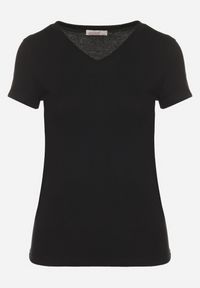 Born2be - Czarny T-shirt z Bawełny z Trójkątnym Dekoltem Semiora. Okazja: na co dzień. Kolor: czarny. Materiał: bawełna. Styl: klasyczny, casual #4