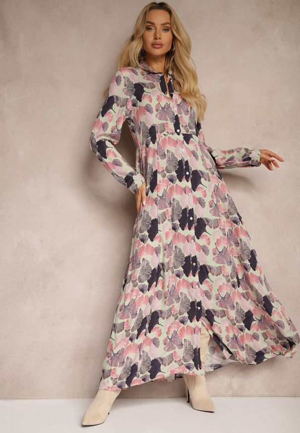 Renee - Różowo-Jasnozielona Sukienka Lasthenia. Okazja: do pracy, na co dzień. Kolor: różowy. Długość rękawa: długi rękaw. Typ sukienki: koszulowe. Styl: casual. Długość: maxi