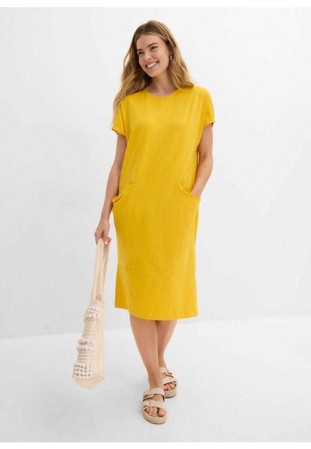 bonprix - Sukienka z dżerseju z kieszeniami. Kolor: żółty. Materiał: jersey