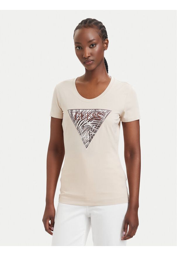 Guess T-Shirt 182454 Beżowy Classic Fit. Kolor: beżowy. Materiał: bawełna