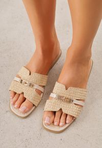 Renee - Beżowe Plecione Klapki z Metaliczną Ozdobą i Wycięciami Eledeia. Kolor: beżowy. Materiał: jeans. Wzór: aplikacja. Sezon: lato. Styl: boho #2