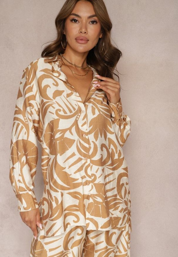Renee - Beżowy 2-Częściowy Komplet z Wiskozy Koszula z Długim Rękawem i Szerokie Spodnie Yiseria. Kolor: beżowy. Materiał: wiskoza