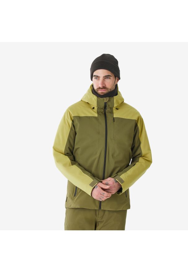 WEDZE - Kurtka narciarska i snowboardowa męska Quechua 500. Kolor: wielokolorowy, brązowy, zielony. Materiał: tkanina, materiał, włókno, skóra, syntetyk. Sezon: zima. Sport: narciarstwo, snowboard