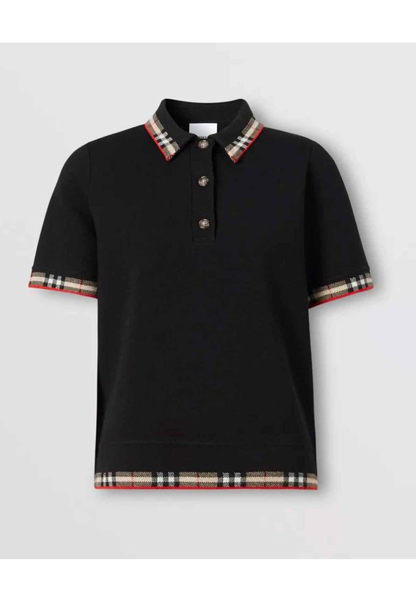 Burberry - BURBERRY - Dzianinowa koszulka polo. Typ kołnierza: polo. Kolor: czarny. Materiał: dzianina. Wzór: aplikacja, kratka. Styl: klasyczny