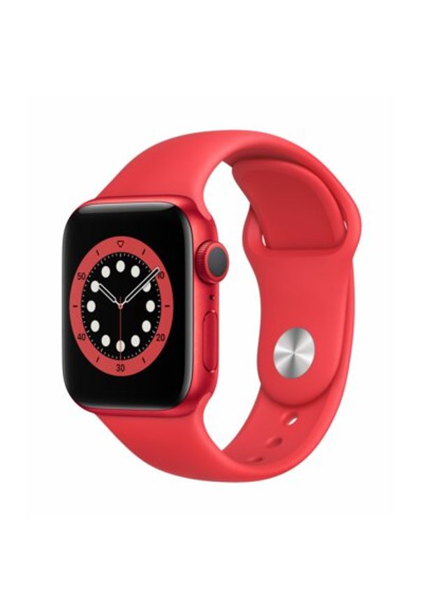 APPLE Watch 6 40mm (Czerwony z opaską sportową w kolorze czerwonym). Rodzaj zegarka: smartwatch. Kolor: czerwony. Materiał: poliester, nylon, guma, materiał. Styl: sportowy