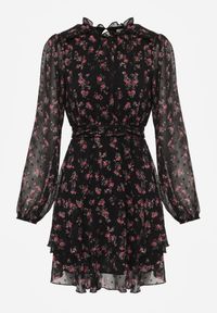 Born2be - Czarna Rozkloszowana Sukienka w Kwiaty i Kropki z Transparentnymi Rękawami Edinella. Okazja: na co dzień. Kolor: czarny. Materiał: poliester, zamsz. Wzór: kwiaty, kropki. Styl: casual #2