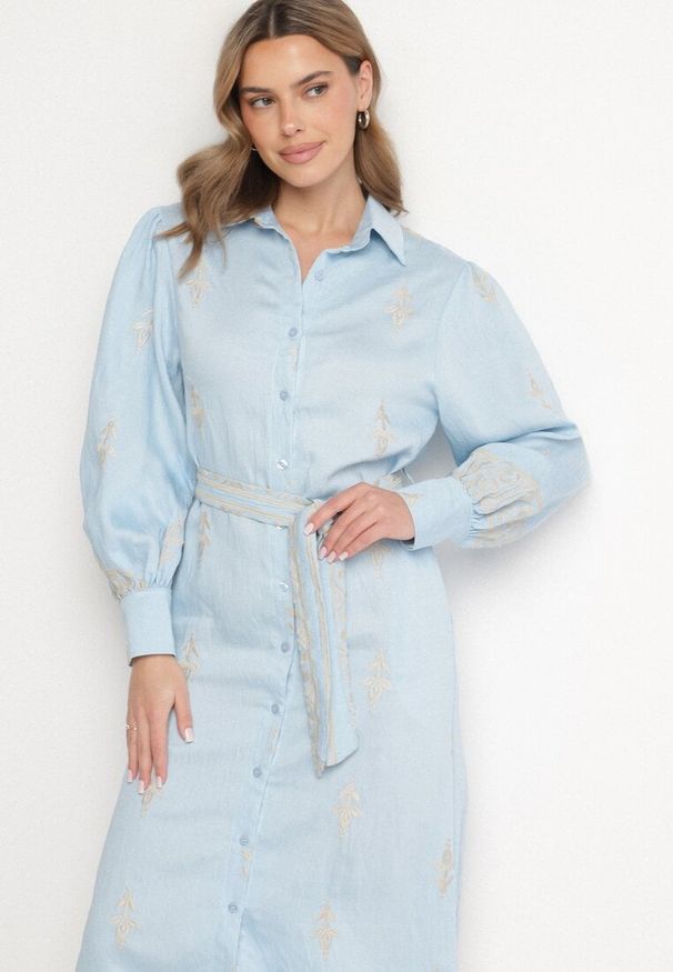 Born2be - Niebieska Wiskozowa Sukienka Koszulowa Szmizjerka z Paskiem Telandora. Okazja: na co dzień. Typ kołnierza: kołnierzyk klasyczny. Kolor: niebieski. Materiał: wiskoza. Długość rękawa: długi rękaw. Typ sukienki: koszulowe, szmizjerki. Styl: elegancki, casual, klasyczny