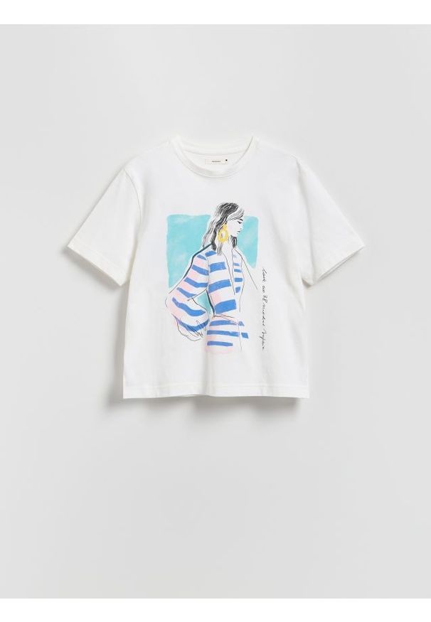 Reserved - T-shirt z nadrukiem - biały. Kolor: biały. Materiał: bawełna, dzianina. Wzór: nadruk