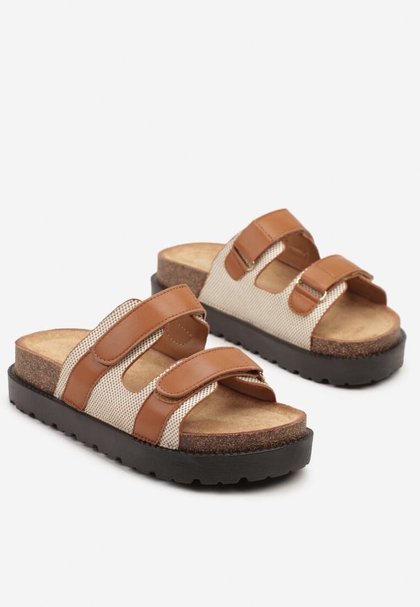 Born2be - Brązowe Klapki z Rzepami i Grubą Podeszwą Julivira. Okazja: na co dzień, na spacer. Kolor: brązowy. Sezon: lato. Styl: casual, klasyczny