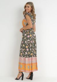 Born2be - Czarno-Pomarańczowa Sukienka Maxi z Wiskozy w Stylu Boho Larres. Typ kołnierza: kołnierz z falbankami. Kolor: pomarańczowy. Materiał: wiskoza. Wzór: aplikacja. Styl: boho. Długość: maxi #4