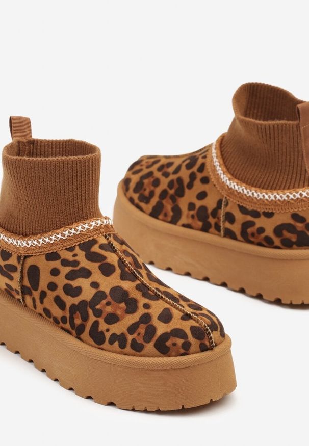 Born2be - Panterkowo-Brązowe Śniegowce na Grubej Podeszwie z Elastyczną Cholewką Nilevelia. Okazja: na co dzień. Kolor: brązowy. Materiał: puch, jeans. Szerokość cholewki: normalna. Sezon: zima. Styl: casual