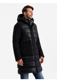 Ombre Clothing - Długa pikowana męska kurtka z dużymi kieszeniami – czarna V1. Typ kołnierza: kaptur. Kolor: czarny. Materiał: materiał, tkanina, poliester, syntetyk, nylon. Długość: długie. Wzór: gładki, aplikacja